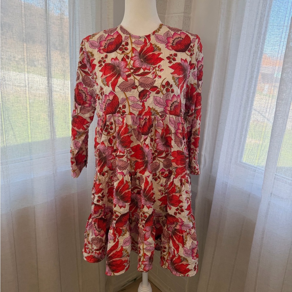 Zara Red and Pink Floral Tiered Mini Dress - Picture 3 of 6